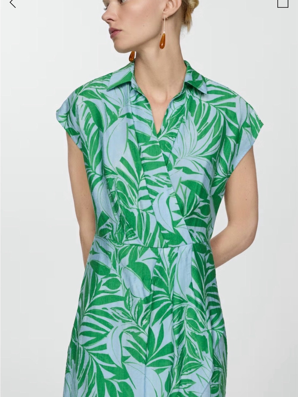 Mango Blue and Green Asymmetrical Leaf-Print Dress
